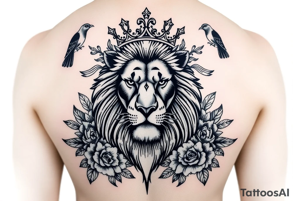 powerful majestic lion with a crown, surrounded by floral ornaments and birds tattoo idea