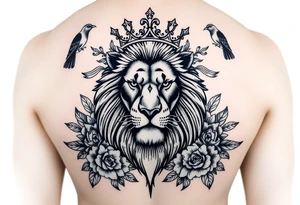 powerful majestic lion with a crown, surrounded by floral ornaments and birds tattoo idea