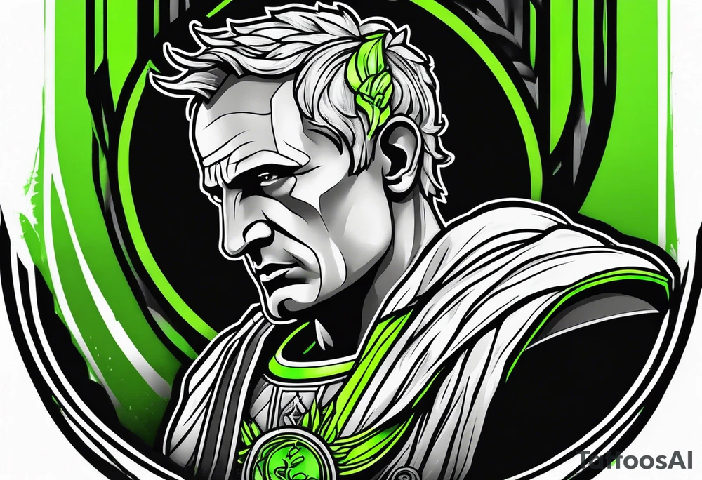 Julius Caesar tattoo with streaks of neon green lightning in the background tattoo idea