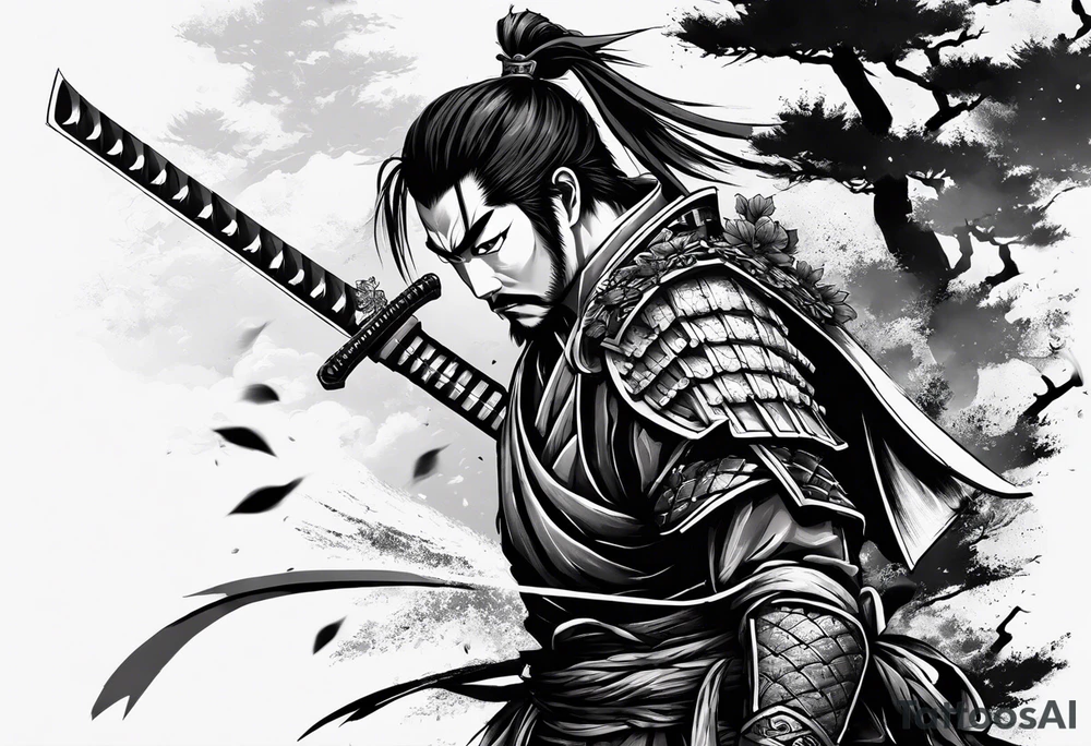 samurai with sword in blood, in armor, for a forearm
Should contains sakura leaves in Anime style. Some Ghost of tsushima vibe
The tatoo should show i have dedication, respect and inner strength, and I try to become better everyday tattoo idea