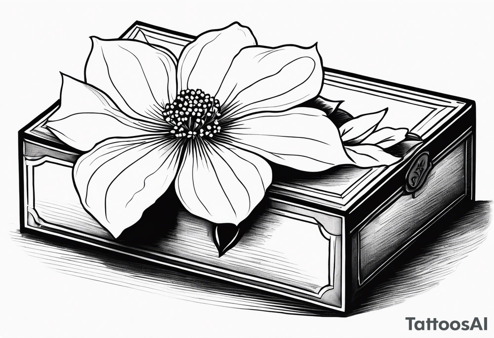 A simple vintage cigar box with a dogwood flower next to it tattoo idea