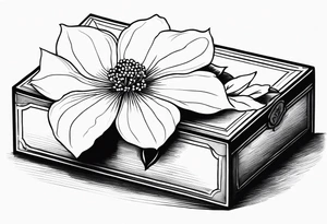 A simple vintage cigar box with a dogwood flower next to it tattoo idea