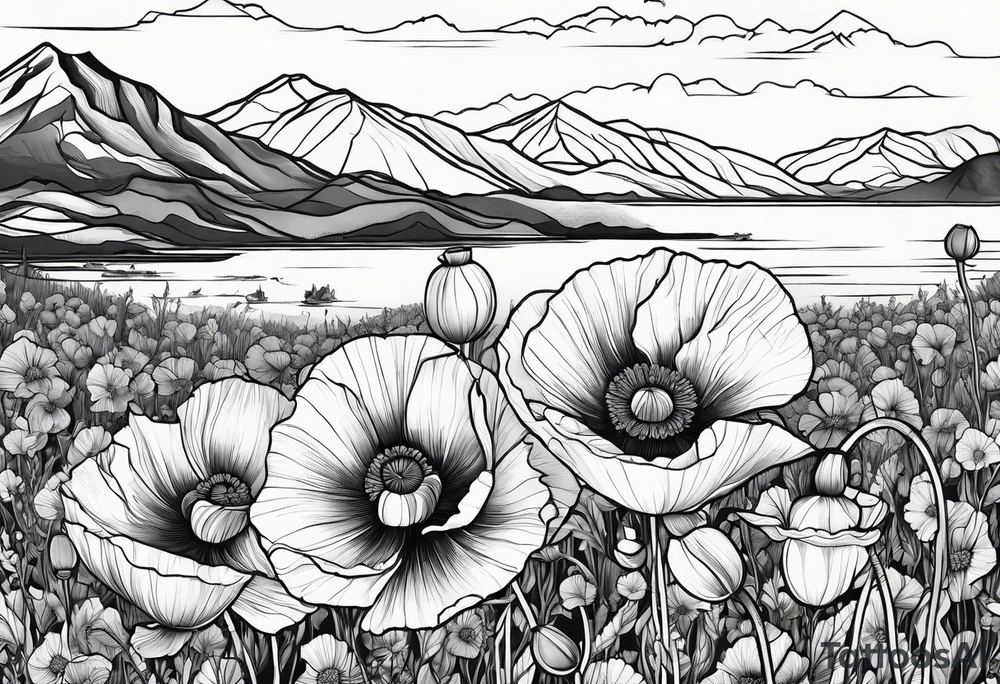 Poppy flower with colorado mountains and the ocean tattoo idea