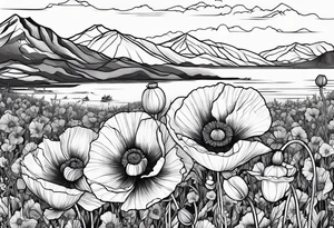Poppy flower with colorado mountains and the ocean tattoo idea