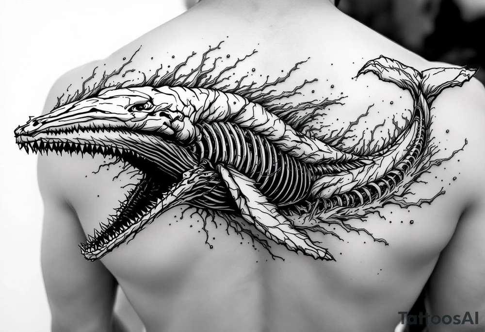 idea is basically a whale that's damaged and torn exposing the skeletal innerts, but it's still fiercely moving forward as hard as it can. generate one with elements of attack on titan and demon slayer and spirited away tattoo idea