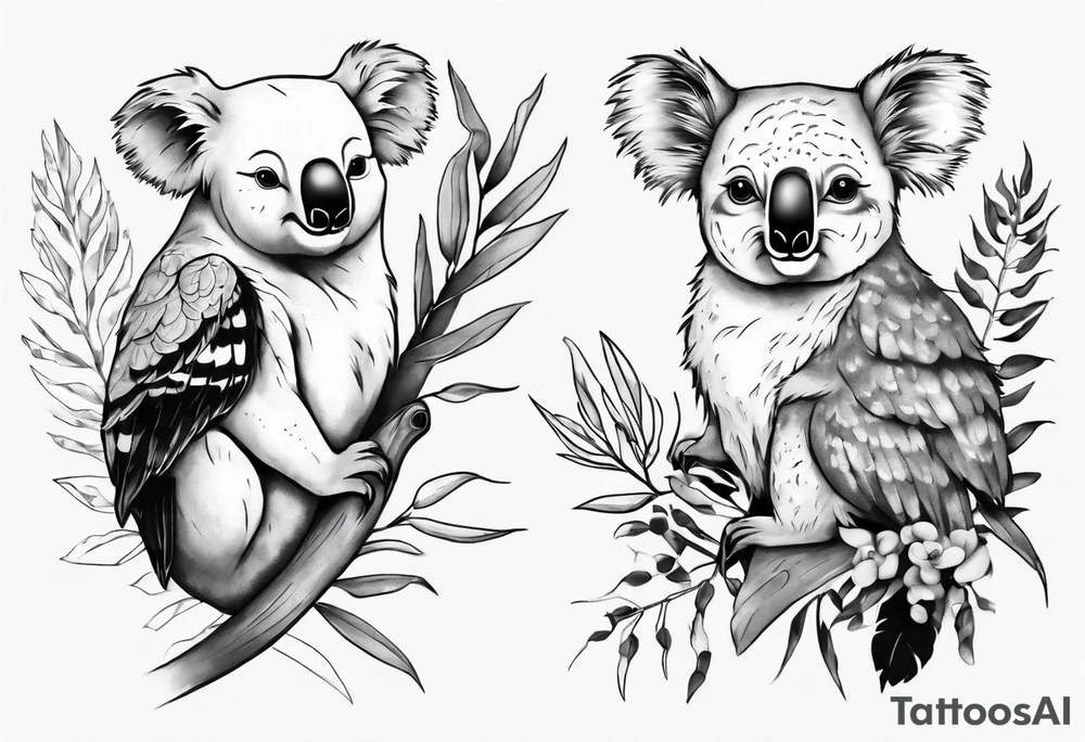 a koala and a kookaburra sitting on wattle and eucalyptus leaves tattoo idea