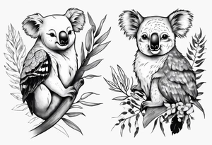 a koala and a kookaburra sitting on wattle and eucalyptus leaves tattoo idea
