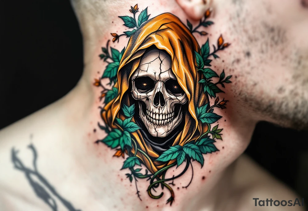 A golden-caped Grim Reaper surrounded by emerald vines and a cracked skull mask. tattoo idea