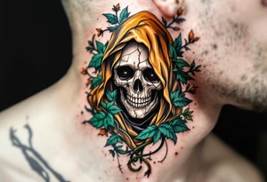 A golden-caped Grim Reaper surrounded by emerald vines and a cracked skull mask. tattoo idea