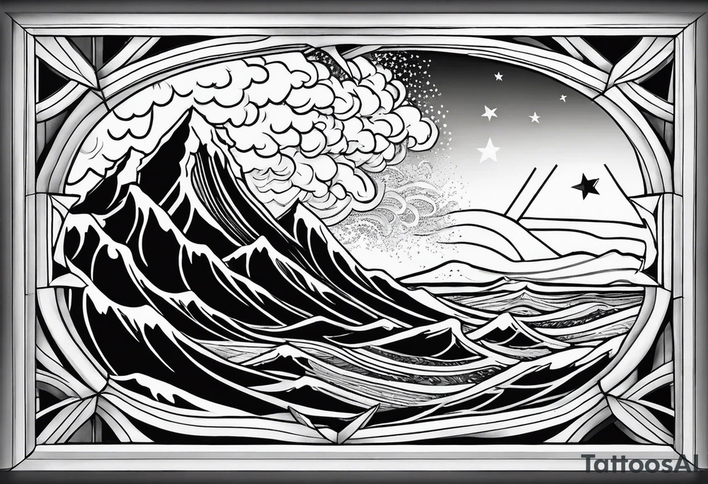 a dimaond windows with waves crashing on a mountain. 3 stars in the sky tattoo idea