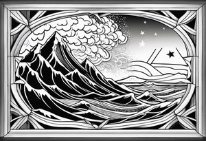 a dimaond windows with waves crashing on a mountain. 3 stars in the sky tattoo idea