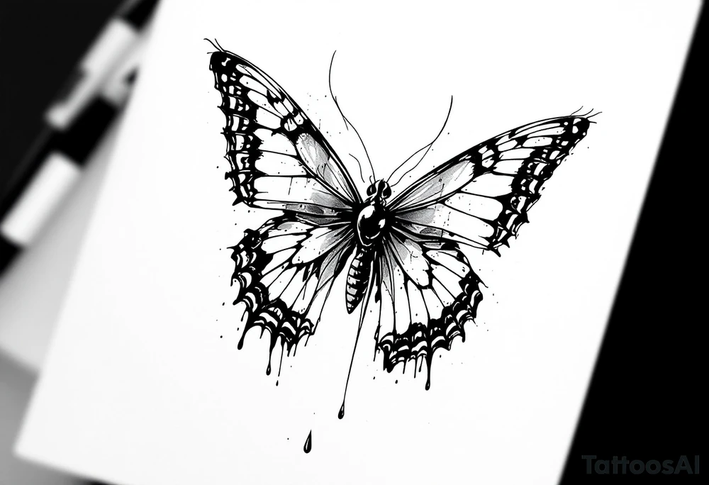 Bleeding butterfly and a second one who is in mental horror style and his placement is left and down from the first one tattoo idea