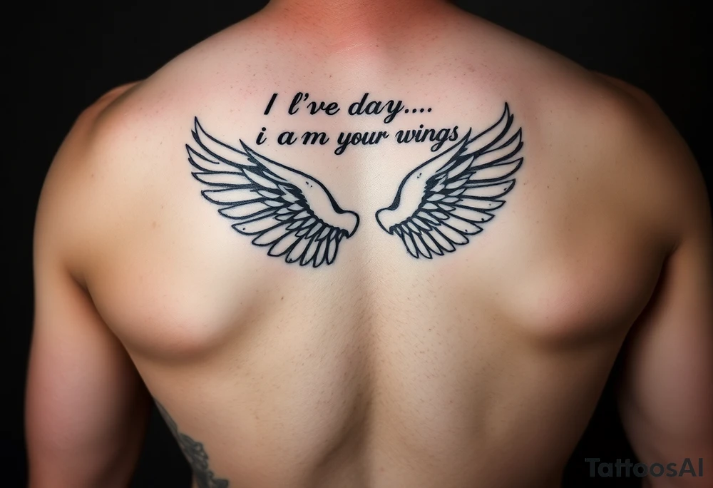 big back tattoo with words saying “one day i am going to grow wings” with big wings spreading tattoo idea