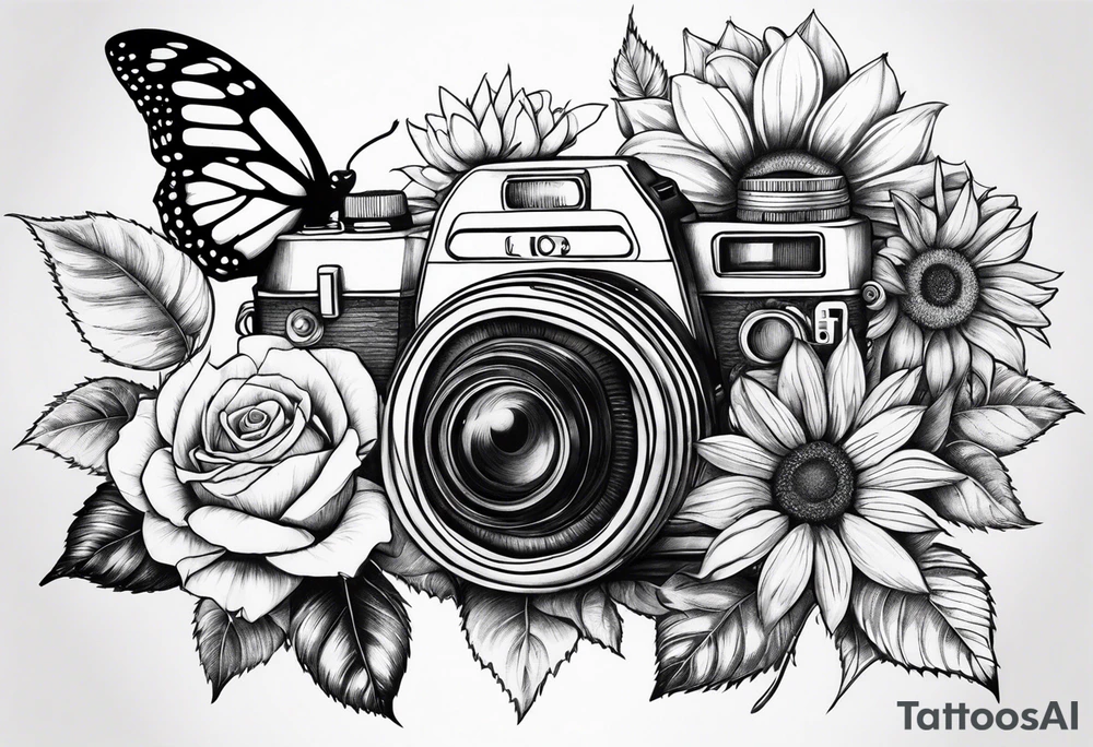 Flower : rose , sunflower, camera, butterfly tattoo idea