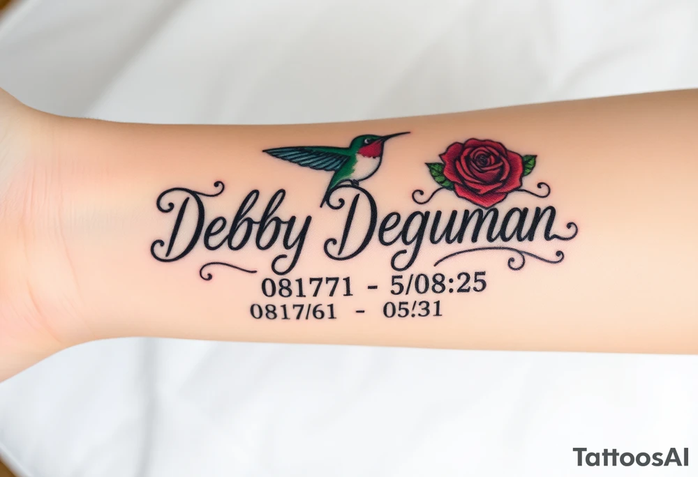 Bold curly Cursive name Debby Deguzman surrounded by a hummingbird a rose and these dates 08/17/61 - 05/29/25 tattoo idea