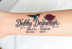 Bold curly Cursive name Debby Deguzman surrounded by a hummingbird a rose and these dates 08/17/61 - 05/29/25 tattoo idea