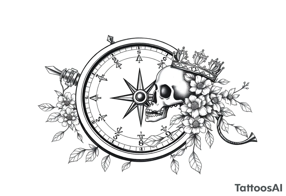 Compass with detailed beautiful gothic boho flowers on vine and skull with gorgeous crown tattoo idea