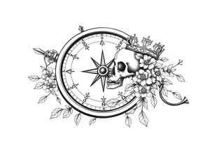 Compass with detailed beautiful gothic boho flowers on vine and skull with gorgeous crown tattoo idea