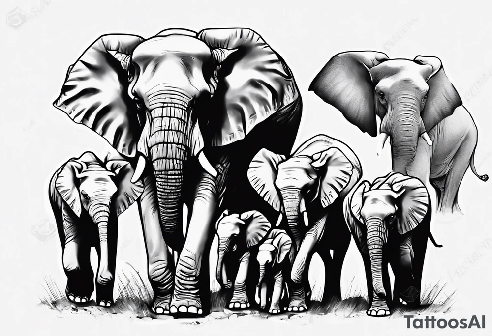 family of 6 elephants walking into sunset tattoo idea