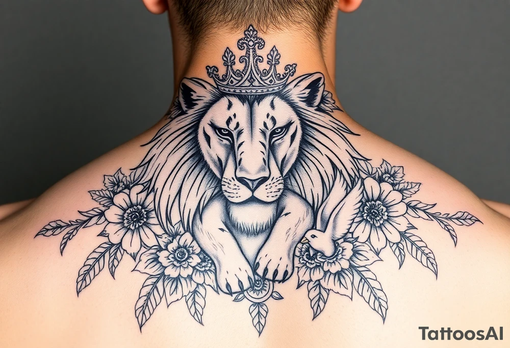 powerful majestic lion and cub with a crown, surrounded by floral ornaments and birds tattoo idea