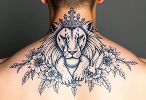 powerful majestic lion and cub with a crown, surrounded by floral ornaments and birds tattoo idea