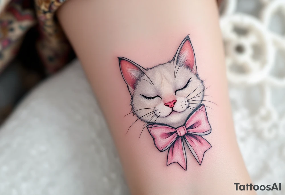 A soft white-and-pink cat with pink bow tattoo brings Marie’s elegance from The Aristocats to life. tattoo idea