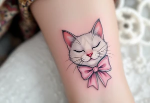 A soft white-and-pink cat with pink bow tattoo brings Marie’s elegance from The Aristocats to life. tattoo idea