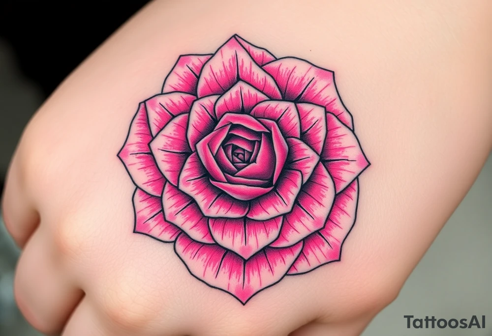 The pink rose blooms in a mesmerizing display of symmetry, its delicate petals unfolding in a kaleidoscope of repeating patterns, where soft blush and vibrant magenta hues seamlessly blend, creating an intricate, fractal-like illusion that shifts and transforms with every glance tattoo idea