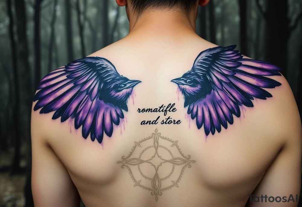 sleeve for ladies with a raven with open wings up, in a misty forest, purple shade watercolors coming from the wings, ethereal and vivid, Celtic/Viking symbols or marks with cursive romantic words tattoo idea