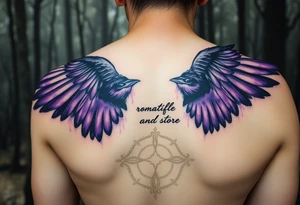 sleeve for ladies with a raven with open wings up, in a misty forest, purple shade watercolors coming from the wings, ethereal and vivid, Celtic/Viking symbols or marks with cursive romantic words tattoo idea