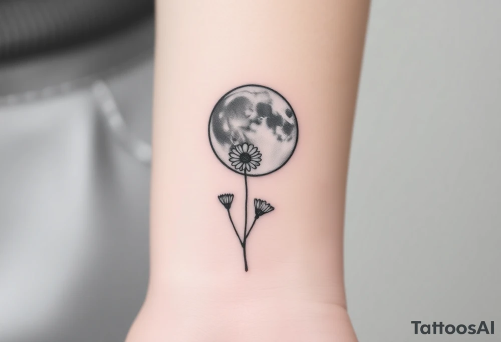 Small black and white tattoo waxing creaxent moon with small Daisy birth flower and tiny leo gliph tattoo idea