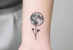 Small black and white tattoo waxing creaxent moon with small Daisy birth flower and tiny leo gliph tattoo idea
