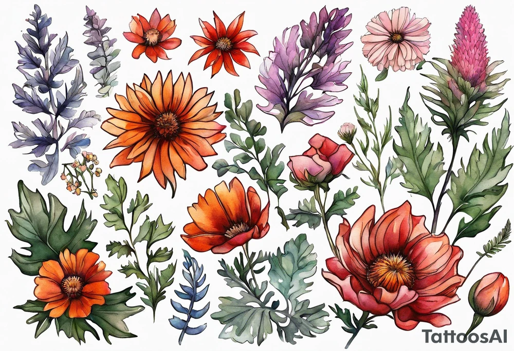 wildflowers with thistles, ferns, white flowers, cream flowers, pink flowers, burnt orange flowers, red flowers and all in watercolor tattoo idea