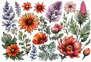 wildflowers with thistles, ferns, white flowers, cream flowers, pink flowers, burnt orange flowers, red flowers and all in watercolor tattoo idea