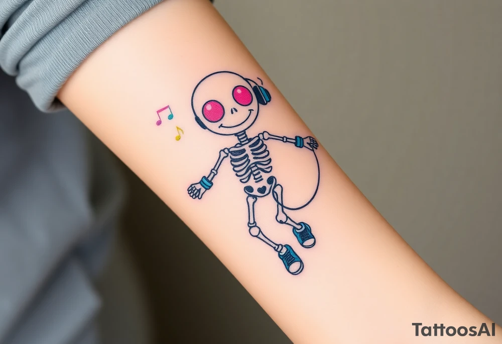 Cute smiley skeleton with pink dreamy eyes in his eyes jumping on a jump rope with both hands blue headphones blue armbands blue sneakers and colorful  music notes around his head tattoo idea