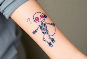 Cute smiley skeleton with pink dreamy eyes in his eyes jumping on a jump rope with both hands blue headphones blue armbands blue sneakers and colorful  music notes around his head tattoo idea