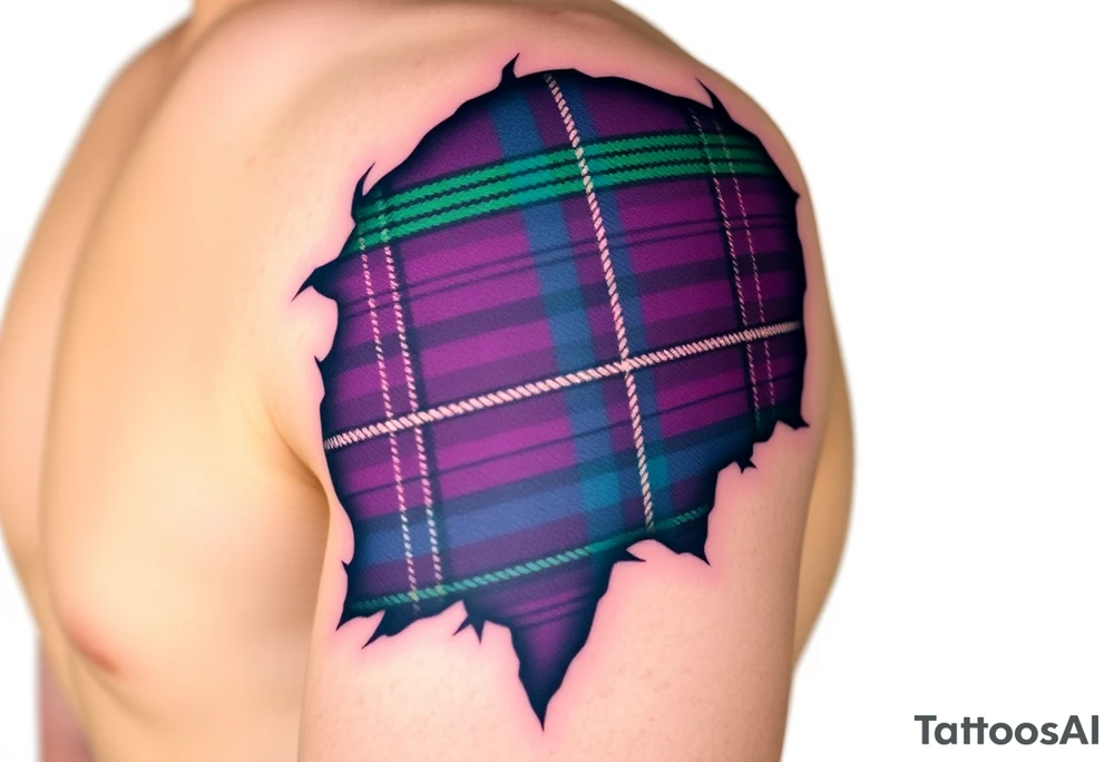 Dark Purple with green pink blue and white highlights tartan fabric on bicep with skin shedding away to reveal tartan underneath tattoo idea