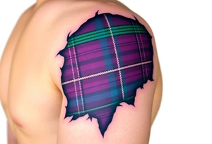 Dark Purple with green pink blue and white highlights tartan fabric on bicep with skin shedding away to reveal tartan underneath tattoo idea