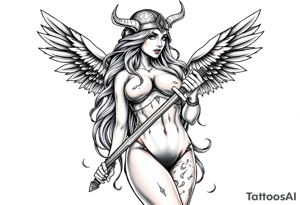 Viking goddess warrior full body sexy long hair pin up tattoo idea