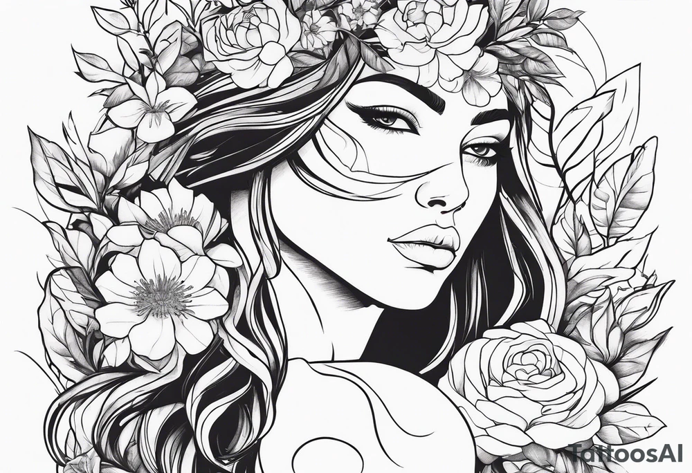 Powerful sexy warrior woman wearing animal fur surrounded by flowers and vines tattoo idea