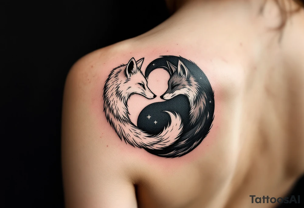 A black and white yin-yang formed by curled foxes on both partners shoulder blade. tattoo idea