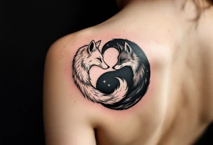A black and white yin-yang formed by curled foxes on both partners shoulder blade. tattoo idea
