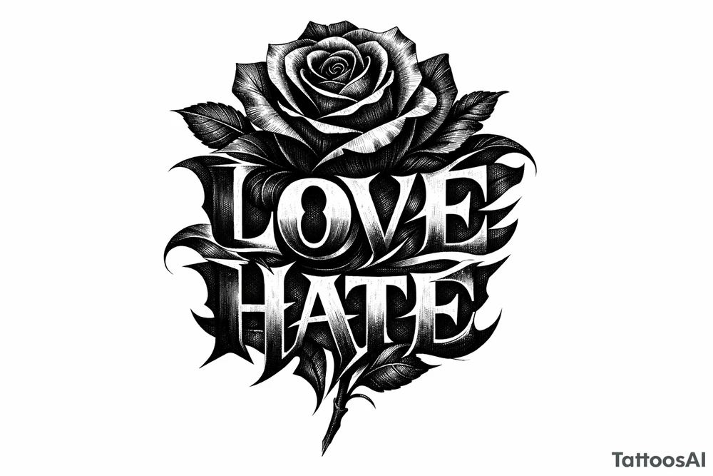 Single rose, petals morphing into bold love and hate lettering. tattoo idea
