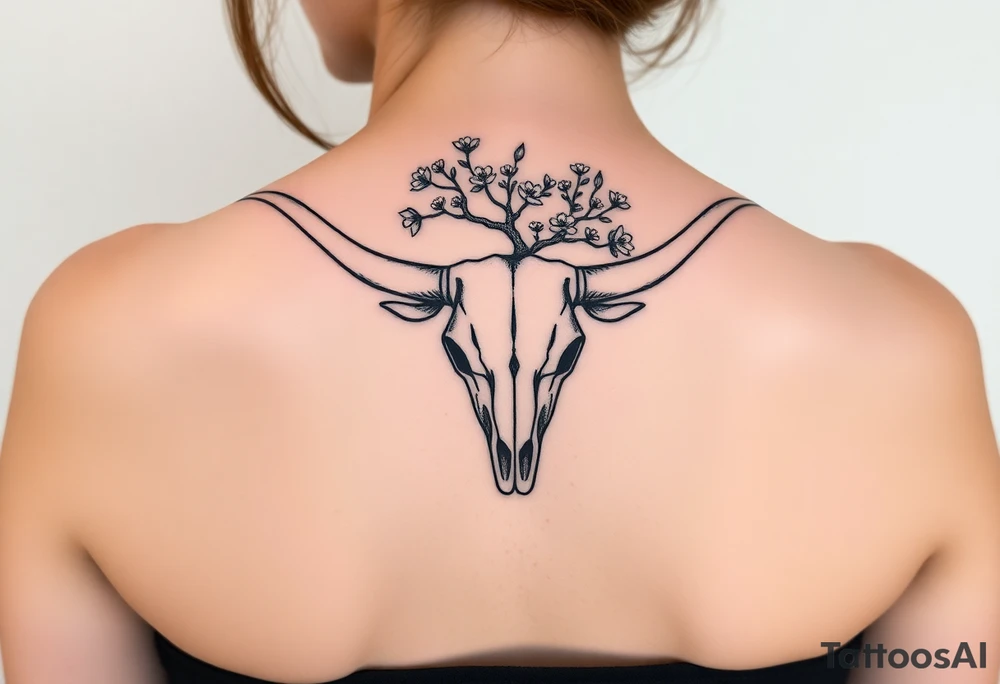 Texas Longhorn skull with tree growing out of it with flowers blooming tattoo idea