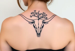 Texas Longhorn skull with tree growing out of it with flowers blooming tattoo idea
