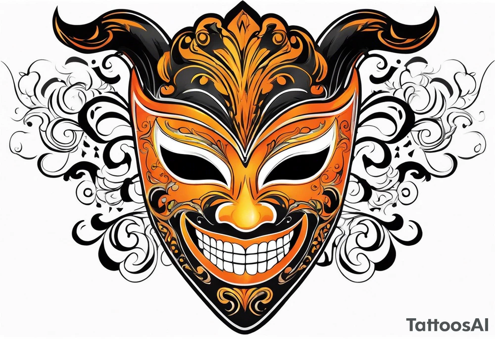 Laughing Male masquerade mask with orange and black smoke tattoo idea