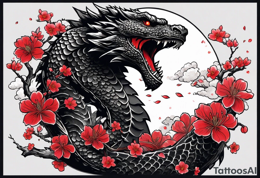 godzilla inspired dragon irezumi arm sleeve in black and red with water and lightning and cherry blossoms tattoo idea