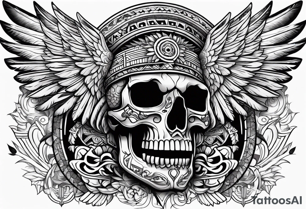 aztec skull tatto, with mexican roots and with eagle or exotic birds in the background with angel wings tattoo idea