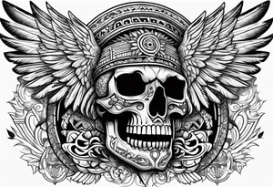 aztec skull tatto, with mexican roots and with eagle or exotic birds in the background with angel wings tattoo idea