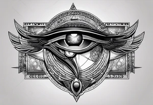 OLHO EGIPCIO ESAUERDO DE HORUS EM VOLTA O CICLO LUNAR, DENTRO DE UM ESPELHO E UM PEQUENO PENTAGRAMA tattoo idea